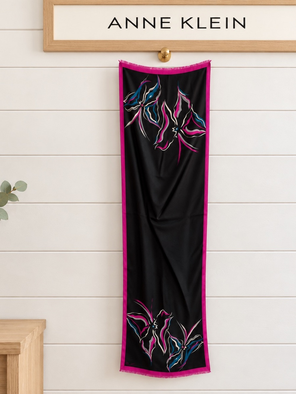 Anne Klein Vintage Scarf – Likely Silk – Abstract Floral – Black & Fuchsia